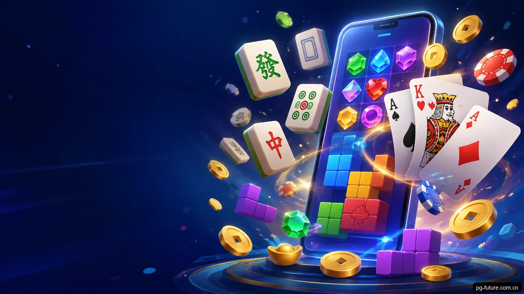手机屏幕旁漂浮着麻将、扑克牌、消消乐宝石和方块